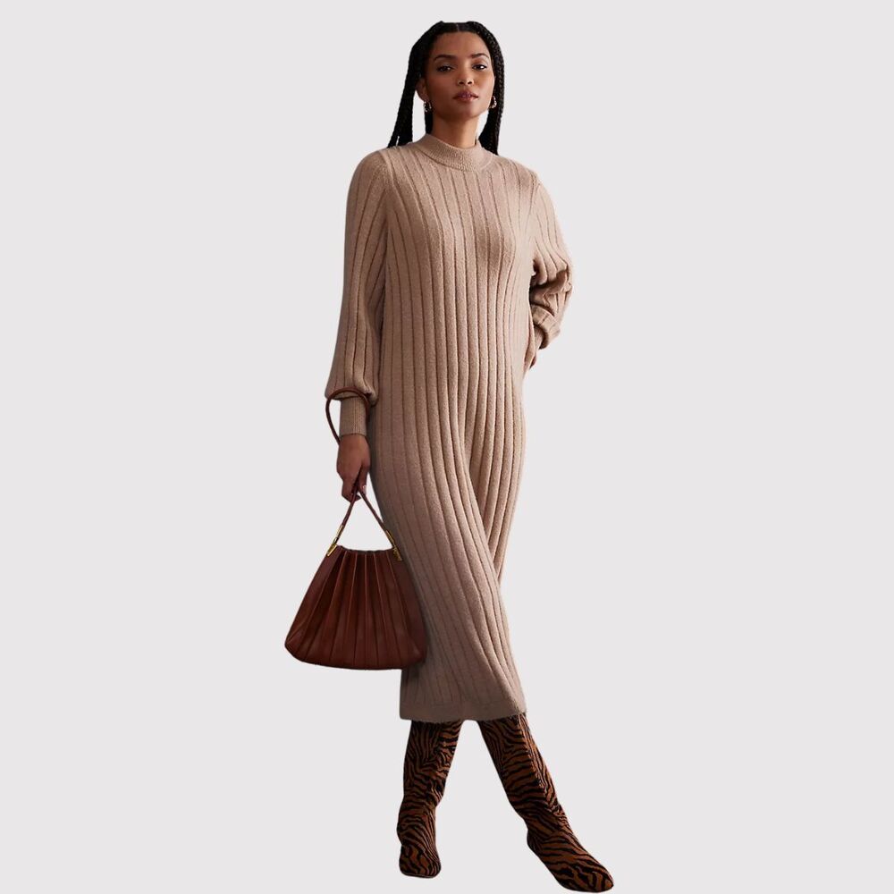 Selected Femme Sweater Dress Brown Glowie Midi Ribbed Knit Long Sleeve Medium
